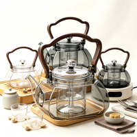 Bouilloire à thé en verre borosilicate transparent avec poignée en bois, infuseur amovible, bec verseur résistant à la chaleur, couvercle, pot de préparation de thé pour la maison