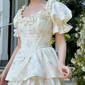 أنيقة بطباعة زهور كم منفوخ رقبة مربعة بترتيب طويل طويل عتيق بوهو فستان صيفي للحدائق والحفلات للنساء - Product Image 5