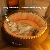 Cama Redonda para Gatos con Diseño de Waffle en Dos Tonos, Borde con Flecos de Pompones, Suave, Lavable, Anti-Ansiedad, con Logotipo WCAT
