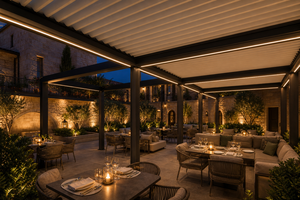 Pergola haut de gamme RKOVE RK-S3 en aluminium, toit rétractable robuste et résistant aux intempéries avec éclairage LED d'ambiance et écran d'intimité - Product Image 5