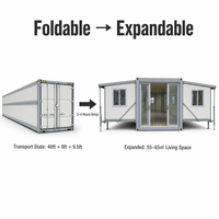 Maison conteneur extensible 40 pieds à double aile, 2 chambres, entièrement meublée, avec salle de bain, pour utilisation en ADU dans un jardin.