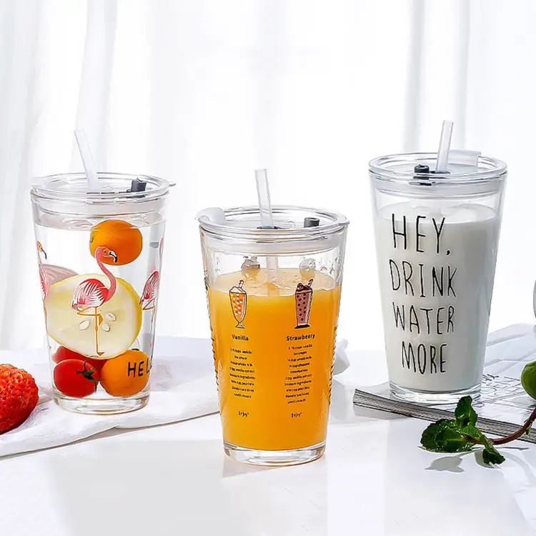 Custom Glass Tumbler Juice Milk Drink Coffee Measuring Cup Water Bubble Tea Boba Cups and Lids and Straw