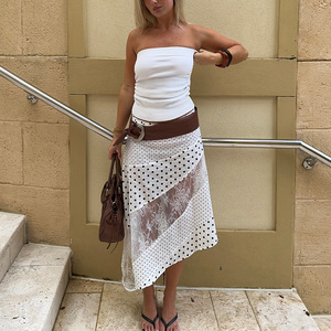 High Waist Polka Dot Midi Skirt With Lace Asymmetrical Design For Women Chiffon Summer Leisure Wear - Product Image 2