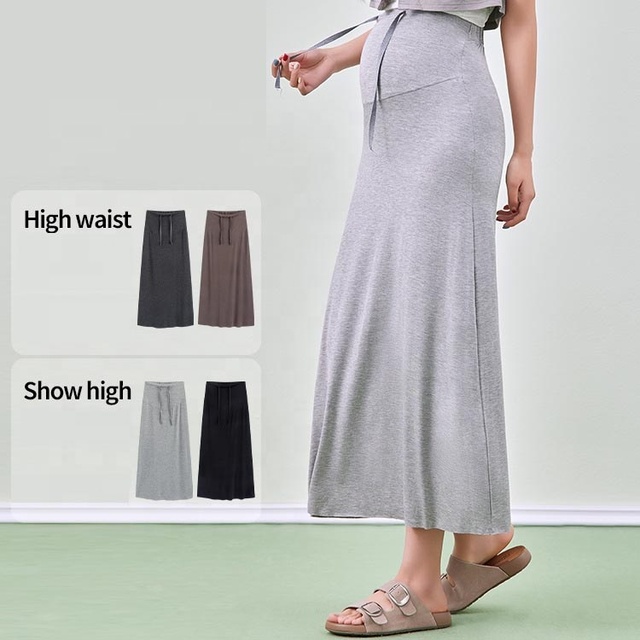 YIYI Spring Maternity Knitted A-Line Skirt High Waist Long Maternity Skirt for Petite Women Elastic Waist Casual Maternity Wear