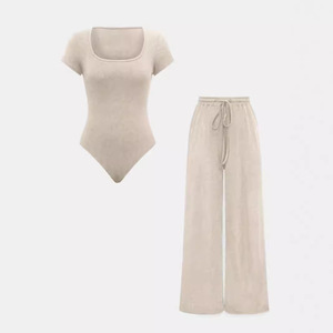 Women's Solid-Color Ribbed Casual Jumpsuit & Pants Casual 2-Piece <b>Set</b> Fashion - Product Image 5