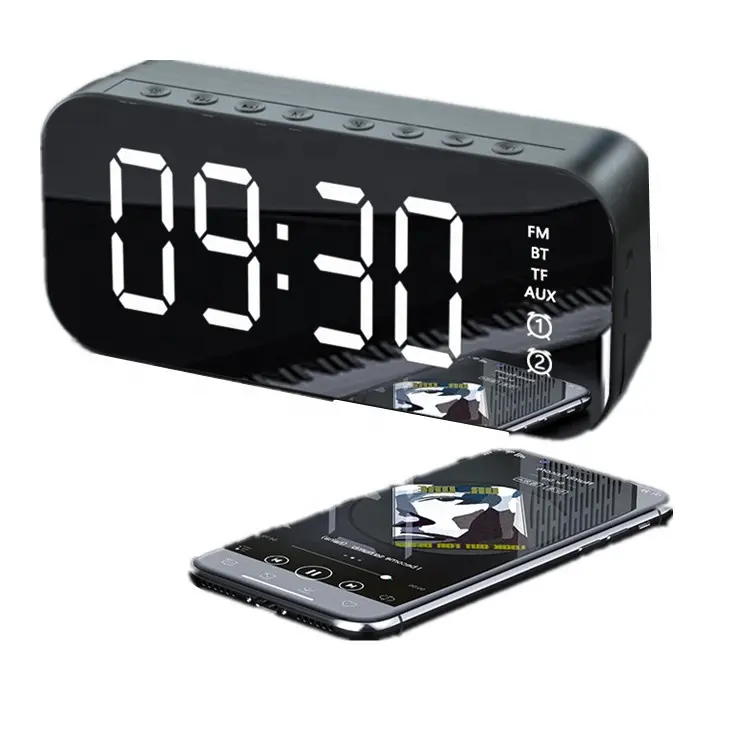 Vente chaude Date Alarme Haut-Parleur Miroir Radio LED Portable Sans Fil Subwoofer réveil haut-parleur