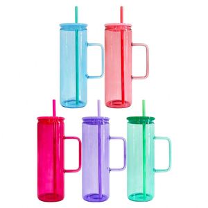 Mug en verre transparent coloré de 20 oz, droit et haut, pour sublimation, avec couvercle en plastique PP et paille, pour films UV DTF - Product Image 1