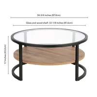 Table basse ronde avec étagère à 2 niveaux, table centrale avec plateau en verre et pieds en métal noir, table d'appoint pour salon
