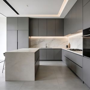 Design d'intérieur, design de maison, design modulaire en forme de L, armoires de cuisine modernes en <span class=keywords><strong>peinture</strong></span> noire mate luxueuse, armoires en bois massif - Product Image 1