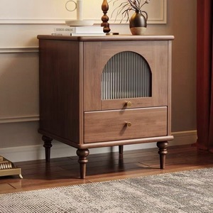 Mesita de noche de madera maciza estilo francés, color nogal, diseño vintage, gabinete de almacenamiento para dormitorio, ensamblada y lista para usar - Product Image 1