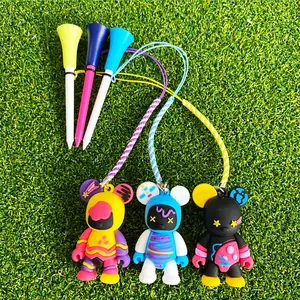 Golf Ball Holder with Anti-lost String and Carton Rubber Bear Doll Novelty Handmade Tee Rubber Top Long Plastic Golf Tees