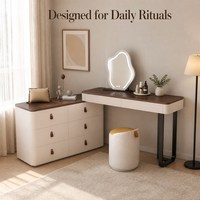 Ensemble coiffeuse deux pièces avec commode à 6 tiroirs, coiffeuse blanc crème avec plateau en bois grainé, tiroirs pour chambre à coucher et décoration intérieure