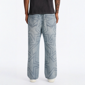 Jean baggy taille mi-haute en denim avec motifs étoiles, bleu clair délavé, coupe large, pour un style streetwear hip-hop - Product Image 2