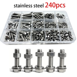 Juego de 240 Piezas de Pernos y Tuercas Hexagonales de Acero Inoxidable con Arandelas, Acabado Pasivado, Clase 8.8 - Product Image 1