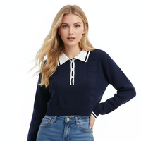 Pull en tricot personnalisé pour femmes à manches longues, col polo, pull en tricot de style Preppy pour femmes, bouton de couleur contrastée, pull en tricot pour femmes