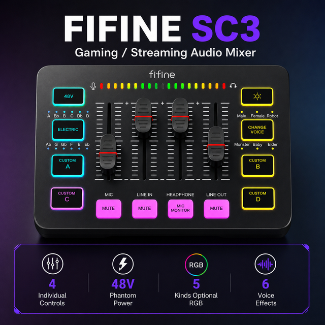 FIFINE SC3 Podcast Sound Card Mixers USB External Sound Card Live Streaming Sound Card Professional Audio Interface