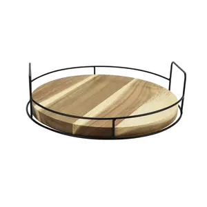 Organizador Lazy Susan artístico de madera de Acacia redondo para mesa con barra de acero negra resistente bandeja de madera giratoria suave de 360 grados