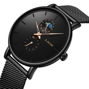 LIGE LG9955 Montre Quartz Hommes Casual <span class=keywords><strong>Noir</strong></span> Montres étanches <span class=keywords><strong>Acier</strong></span> inoxydable Ultra Thin Male Clock 24 Hour Wrist Watch - Product Image 2