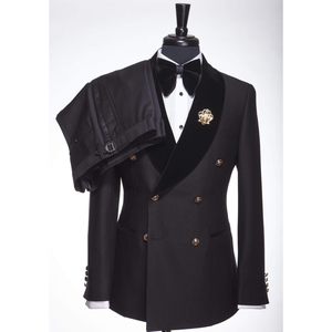 Completo Uomo Nero Doppiopetto 2 Pezzi (Giacca+Pantaloni) Abito <span class=keywords><strong>con</strong></span> Risvolto in Velluto e <span class=keywords><strong>Bottoni</strong></span> Dorati per Cerimonie e Feste - Product Image 1