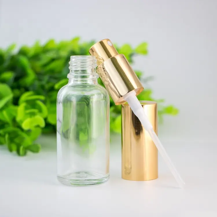 Personalizado rodada fosco transparente fina névoa pulverizador garrafa de vidro com bomba de pulverizador de prata dourada 30ml