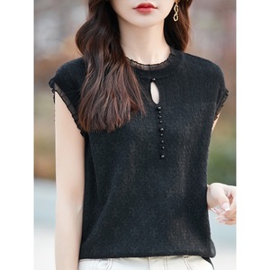 T-shirt en tricot sans manches pour femme, avec dentelle et perles, tendance - Product Image 3