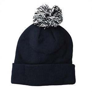 Gorro de Punto Acrílico Negro Unisex con Pompón, Color Sólido, con Borde Plegado, para Invierno, Uso Casual, Talla Adulto 56-58CM - Product Image 2