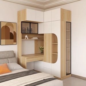 Armoire en L détachable et peu encombrante avec bureau intégré, finition bois blanc bicolore, mobilier <span class=keywords><strong>de</strong></span> chambre léger et durable - Product Image 1