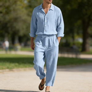 Completo Estivo Stile Americano in Lino per Uomo, Camicia <span class=keywords><strong>a</strong></span> Maniche Lunghe e Pantaloni Casual con Protezione Solare - Product Image 4