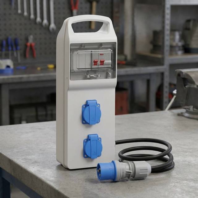 Portable Power Distribution Box with 2 Way IP54 Schuko Sockets RCD MCB Protection 2m H07RN-F 3x2.5mm 16A CEE Industrial Plug