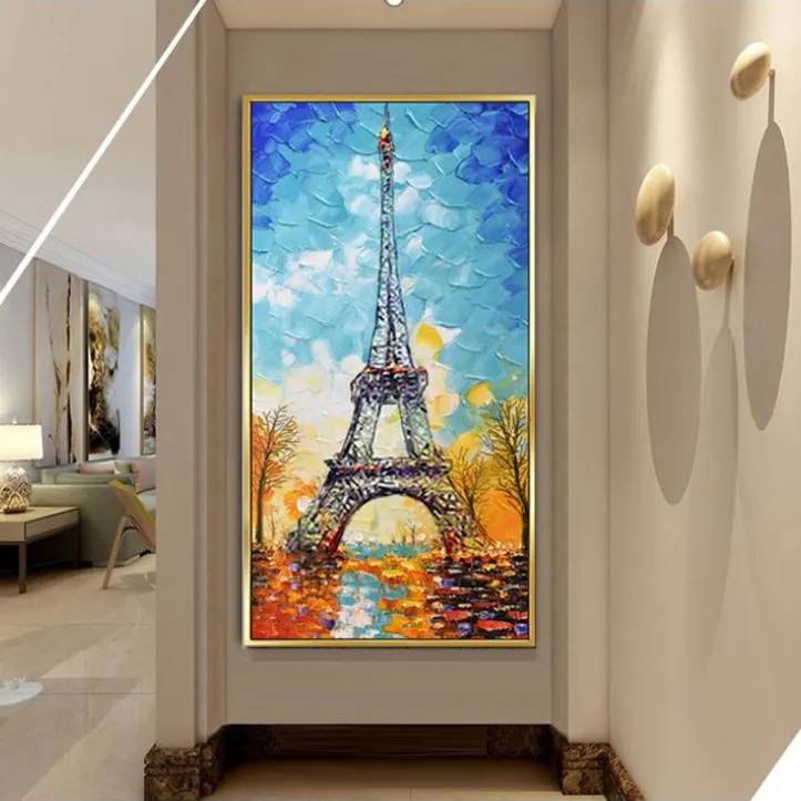صورة رومانسية كبيرة تجريدية بحجم مخصص من برج إيفل الفرنسي على قماش الكانفا معلقة لوحات فنية للحياة الثابتة وفنون الجدران