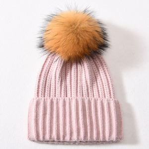 Jxwatcher Nouveau style <span class=keywords><strong>Bonnet</strong></span> d'hiver pour <span class=keywords><strong>femme</strong></span> en <span class=keywords><strong>cachemire</strong></span> tricoté sur mesure avec pompon en vraie fourrure, bordure à revers et rayures, bonnets chics - Product Image 6