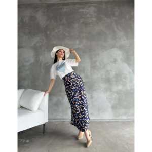 กระโปรงผ้าซาตินลายแม็กซี่ เอวสูง ผ้าไหมแท้ 100% สำหรับผู้หญิง พิมพ์ลายดิจิตอลเงางาม - Product Image 1