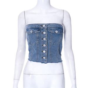 Tops cortos sin tirantes de un solo pecho de verano para mujer 2023 Tops con corsé de <span class=keywords><strong>vaquero</strong></span> Tops de tubo de mezclilla con múltiples bolsillos - Product Image 5