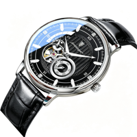 Montre automatique de plongée vintage, cadran noir mat, mouvement mécanique, bracelet en cuir, lunette argentée, montre-bracelet de luxe hommage