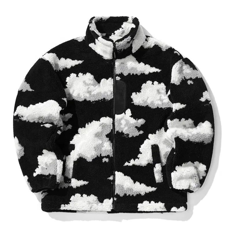 공장 고품질 자카드 디자인 폴리 에스테르 셰르파 양털 남성 자켓 지퍼 구름 자수 양털 재킷