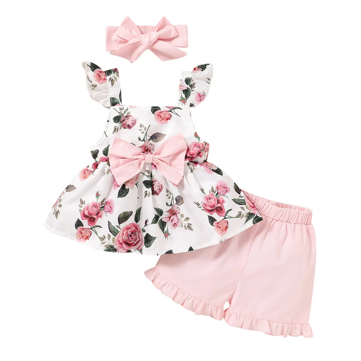 Ensemble de vêtements pour petites filles WEN trois couleurs sans manches imprimé rose robe bandeau avec nœud fille pull jupe et short pantalon