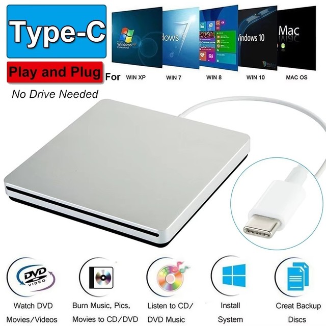 External CD DVD Drive TYPE-C 3.0 Portable Fits for DVD-R/DVD-RW Player Burner for Laptop Computer