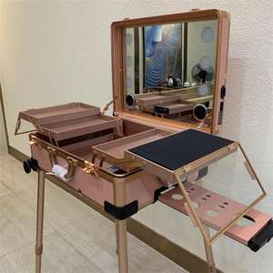 Oro rosa di <span class=keywords><strong>Trucco</strong></span> Treno <span class=keywords><strong>Valigia</strong></span> Illuminato di Rotolamento di Viaggio Cosmetic Organizer caso con 3 Colori Chiari - Product Image 2