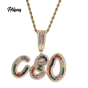 2023 New Custom Name 18K Gold Plated Necklace Rainbow Baguette Cubic Zircon Letters Pendant Necklace For Men Women Jewelry