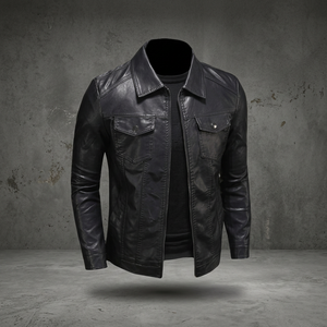 <b>Men</b> Genuine Leather <b>Jacket</b> Moto Biker Style Stand Collar Zipper Closure Regular Fit Solid Color Winter Wear Front Breathable - Product Image 4