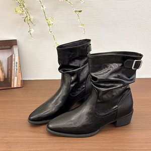 Bottines à bout pointu pour femmes, talon bloc, en cuir, avec bride à boucle, style décontracté, coupe en V, pliables, bottes western tendance, 2 couleurs. - Product Image 1