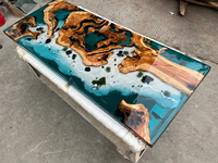Table de salle à manger en bois massif et résine époxy, faite sur mesure, bord naturel, thème Océan Plage, paysage de vagues 3D, mobilier d'art pour la maison