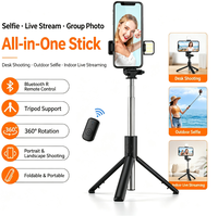 Trépied perche à selfie Bluetooth, support de téléphone pliable avec lumière d'appoint détachable pour vlogging, diffusion en direct et voyages