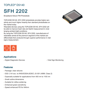 โฟโตไดโอด OSRAM รุ่น SFH 2202 เซ็นเซอร์ 830 นาโนเมตร 2SMD โฟโตไดโอด 830 นาโนเมตร 75 นาโนวินาที 120 °   ชิป LED แบบ 2-SMD - Product Image 2