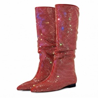 Femmes hiver Slouch genou bottes hautes plein strass embelli bout pointu plat talon bas fête scène tailles étendues