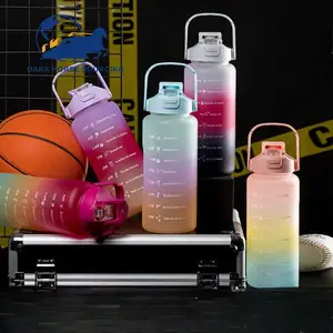 Grosir 3 buah set botol air motivasi kebugaran plastik minum sedotan kapasitas berbeda dengan penanda waktu