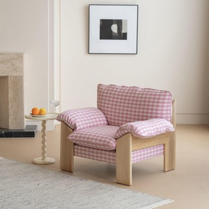 Fauteuil Chandigarh en bois massif, tissu bleu à carreaux, pour salon, maison ou café. - Product Image 4