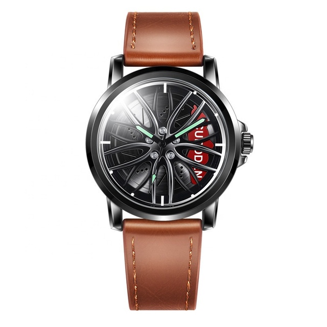 Leather Strap Unique Cool Sport 3D Rim Watch Skeleton Quartz Mens Car Wheel Watch