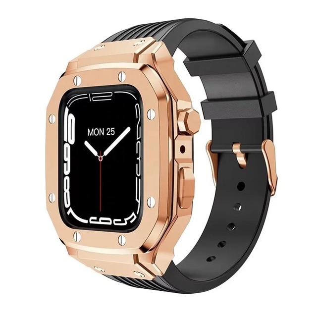 2 in 1 Smart Stainless Steel Metal Watch Cover Case for Apple Iwatch Series7/6/5/4 SE 44/45MM Silicone Straps Watch Bands