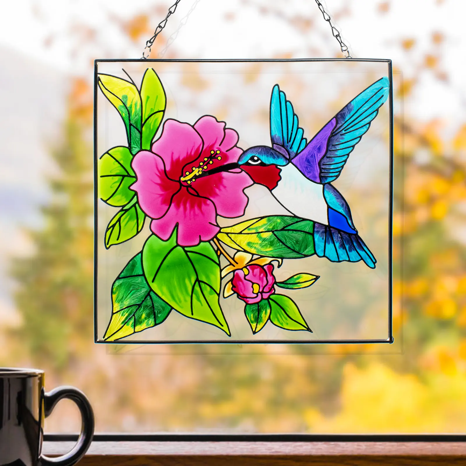 Hummingbird Stained Glass Window Hangings, Suncatcher for Window with Metal Chain, Outdoor Home Glass Decorative